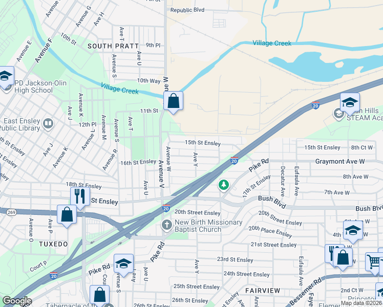 map of restaurants, bars, coffee shops, grocery stores, and more near 2341 16th street Ensley in Birmingham
