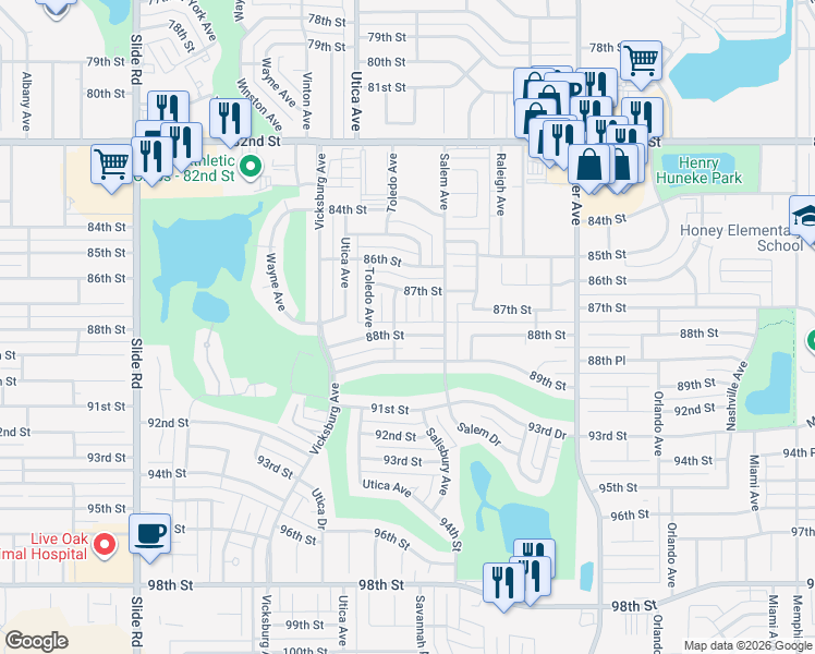 map of restaurants, bars, coffee shops, grocery stores, and more near 4607 88th Street in Lubbock