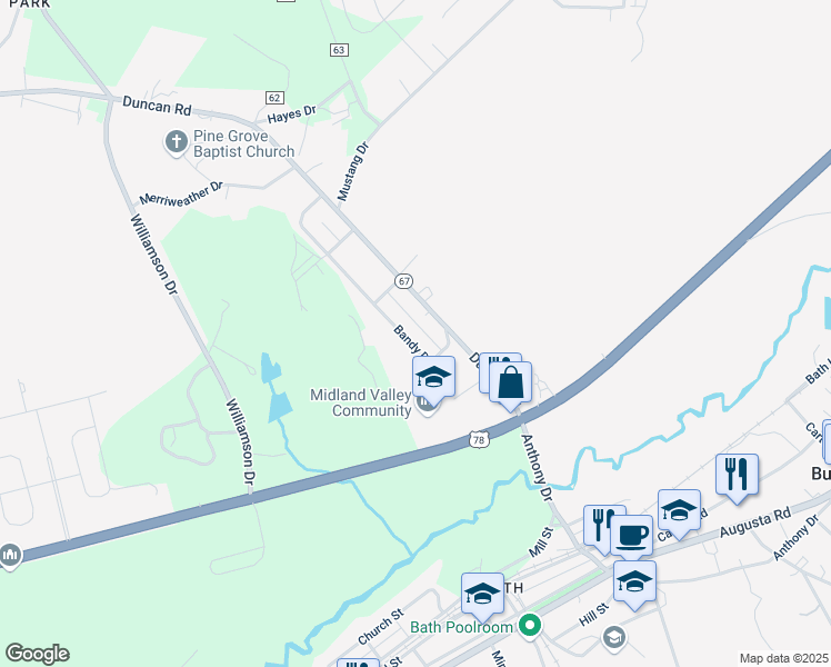 map of restaurants, bars, coffee shops, grocery stores, and more near 116 Bandy Drive in Graniteville