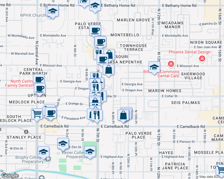 map of restaurants, bars, coffee shops, grocery stores, and more near 815 East Colter Street in Phoenix