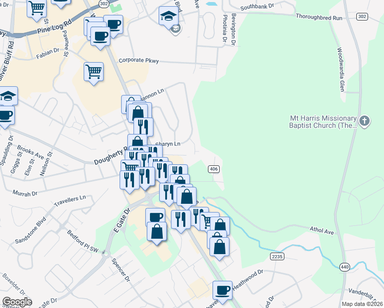 map of restaurants, bars, coffee shops, grocery stores, and more near 101-199 Ginger Lane in Aiken