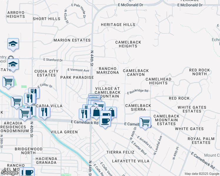 map of restaurants, bars, coffee shops, grocery stores, and more near 4442 East Camelback Road in Phoenix