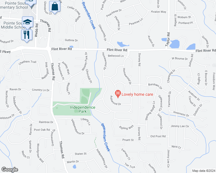 map of restaurants, bars, coffee shops, grocery stores, and more near 9129 Homewood Drive in Riverdale