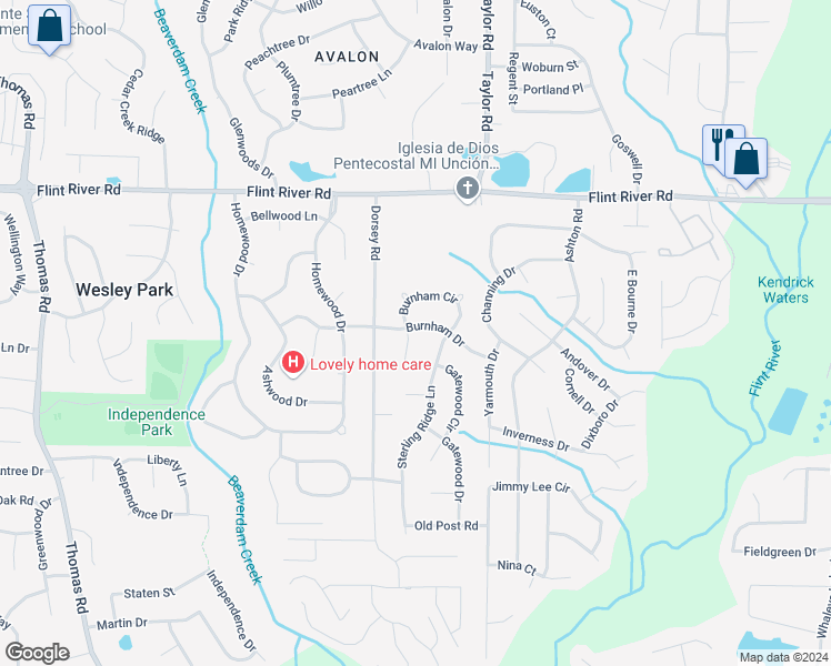 map of restaurants, bars, coffee shops, grocery stores, and more near 8866 Burnham Way in Jonesboro