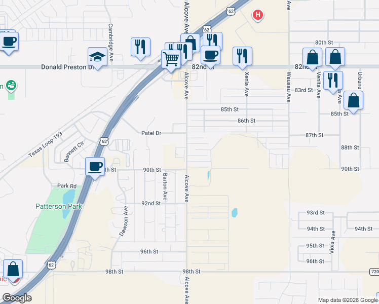 map of restaurants, bars, coffee shops, grocery stores, and more near 7811 89th Street in Lubbock