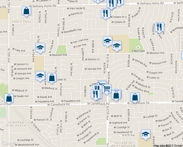map of restaurants, bars, coffee shops, grocery stores, and more near 5202 North 68th Avenue in Glendale