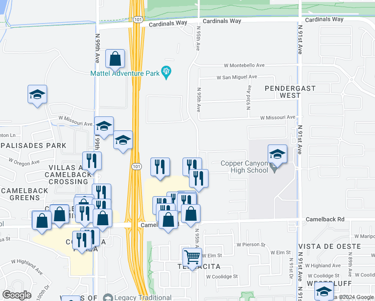 map of restaurants, bars, coffee shops, grocery stores, and more near 5258-5418 North 95th Avenue in Glendale