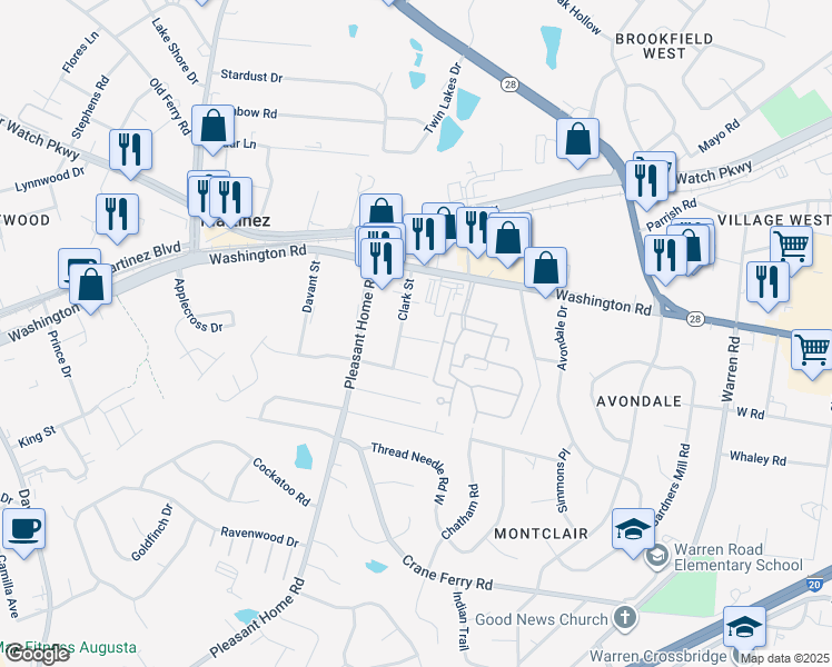 map of restaurants, bars, coffee shops, grocery stores, and more near 3302 McDonald Street in Augusta