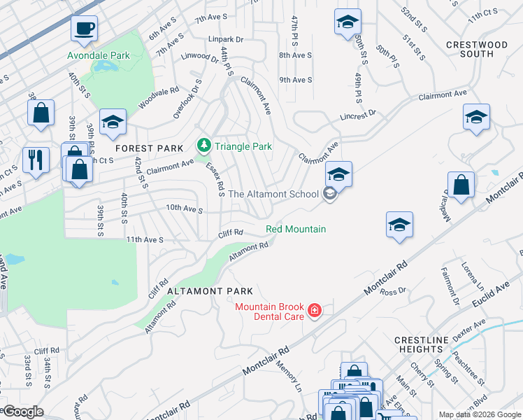 map of restaurants, bars, coffee shops, grocery stores, and more near 4344 Cliff Road in Birmingham