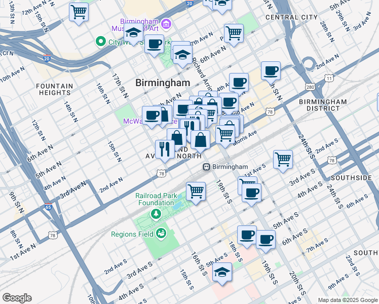 map of restaurants, bars, coffee shops, grocery stores, and more near 1809 1st Avenue North in Birmingham