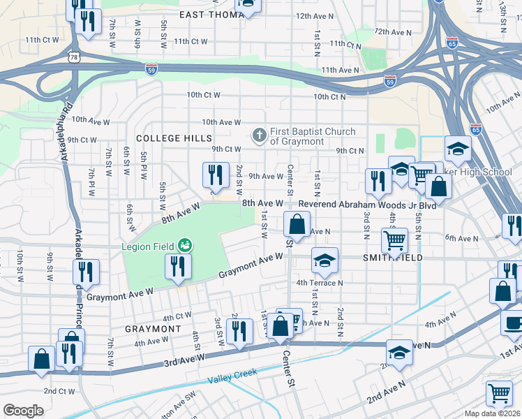 map of restaurants, bars, coffee shops, grocery stores, and more near 109 6th Avenue North in Birmingham