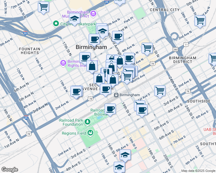 map of restaurants, bars, coffee shops, grocery stores, and more near 1809 1st Avenue North in Birmingham
