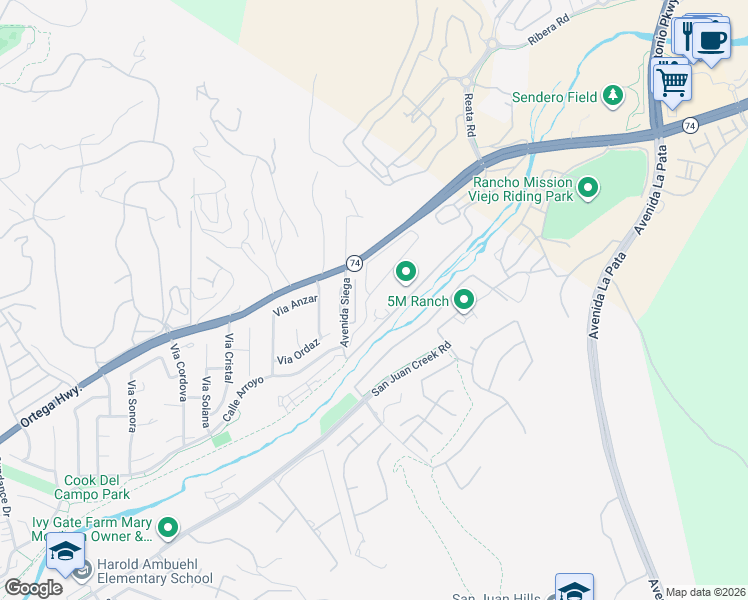 map of restaurants, bars, coffee shops, grocery stores, and more near 28560 Martingale Drive in San Juan Capistrano