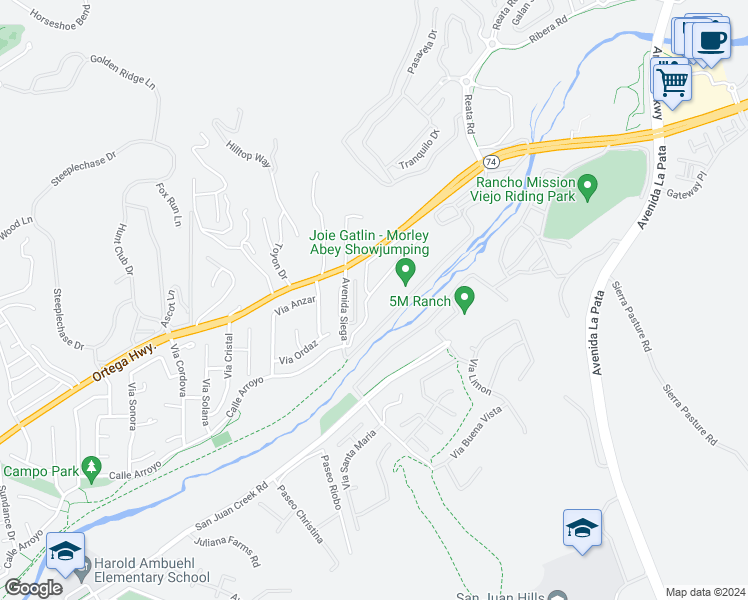 map of restaurants, bars, coffee shops, grocery stores, and more near 28560 Martingale Drive in San Juan Capistrano