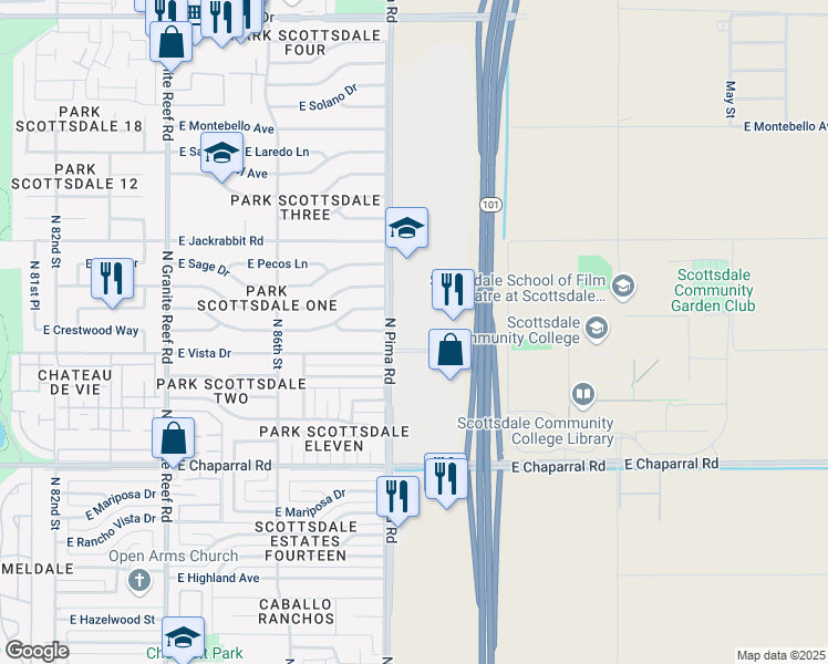 map of restaurants, bars, coffee shops, grocery stores, and more near 5201 North Pima Road in Scottsdale