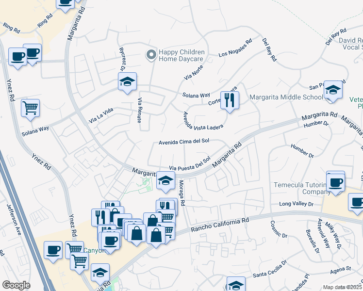 map of restaurants, bars, coffee shops, grocery stores, and more near 29865 Avenida Cima del Sol in Temecula