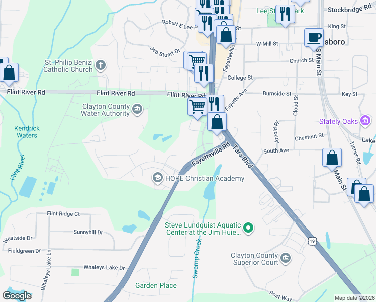map of restaurants, bars, coffee shops, grocery stores, and more near 8843 Fayetteville Road in Jonesboro