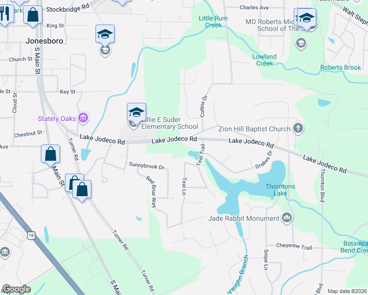 map of restaurants, bars, coffee shops, grocery stores, and more near 8877 Teal Lane in Jonesboro
