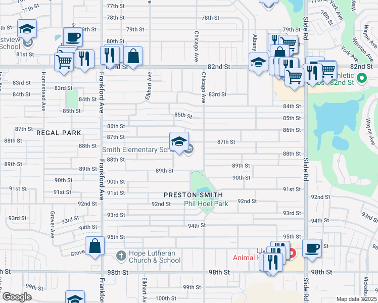 map of restaurants, bars, coffee shops, grocery stores, and more near 8707 Dover Avenue in Lubbock