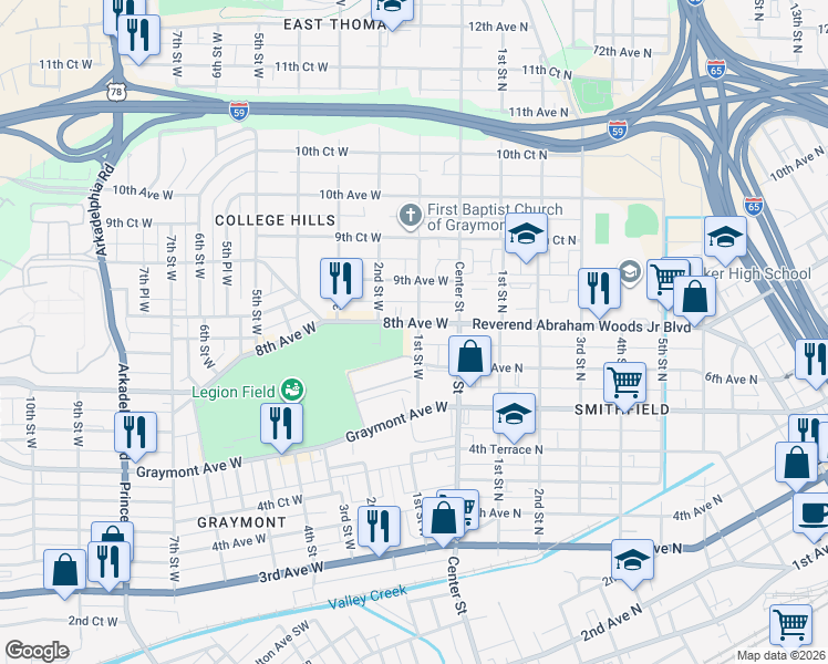 map of restaurants, bars, coffee shops, grocery stores, and more near 109 6th Avenue North in Birmingham