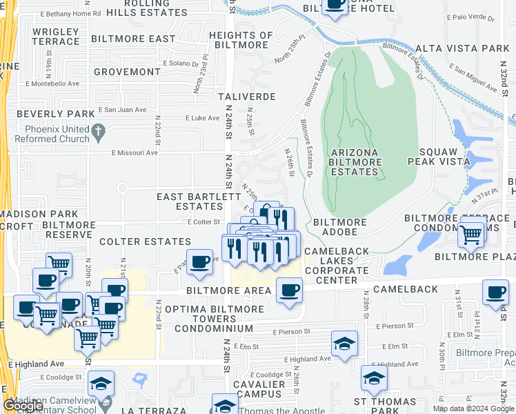 map of restaurants, bars, coffee shops, grocery stores, and more near 5244 North 25th Street in Phoenix