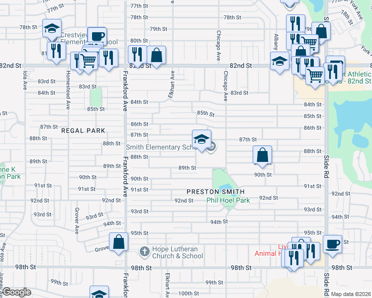 map of restaurants, bars, coffee shops, grocery stores, and more near 5603 88th Street in Lubbock