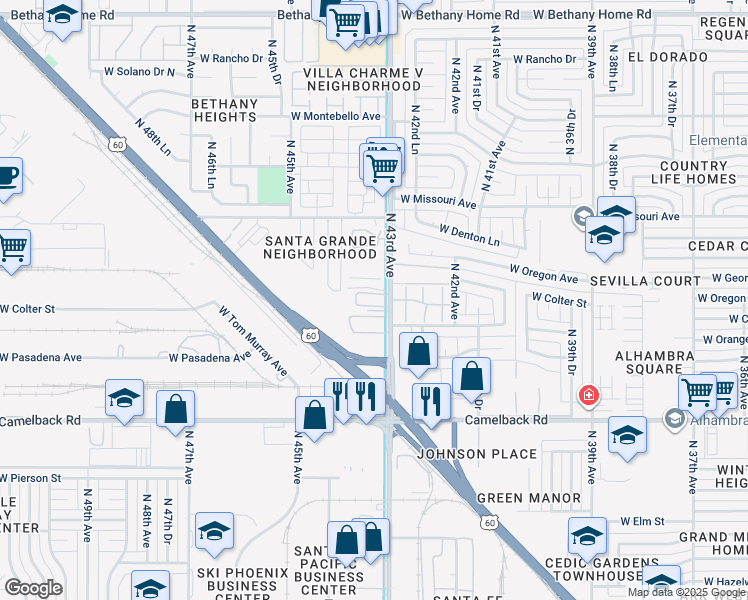 map of restaurants, bars, coffee shops, grocery stores, and more near 5220 North 43rd Avenue in Glendale