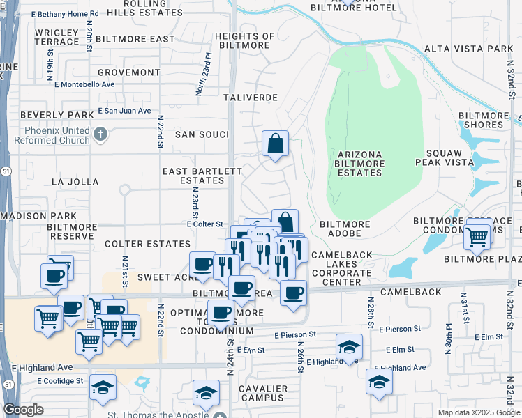 map of restaurants, bars, coffee shops, grocery stores, and more near 5324 North 25th Street in Phoenix