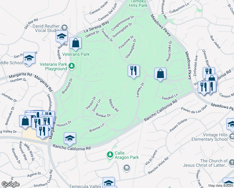 map of restaurants, bars, coffee shops, grocery stores, and more near 41758 Niblick Road in Temecula