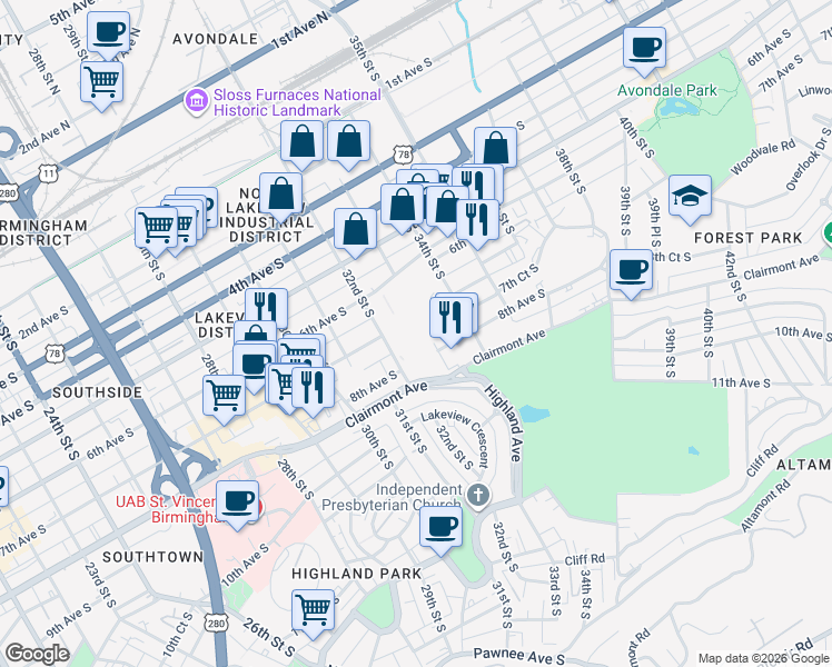 map of restaurants, bars, coffee shops, grocery stores, and more near 701 32nd Street South in Birmingham
