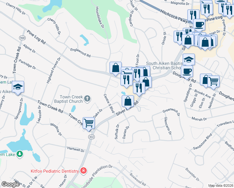 map of restaurants, bars, coffee shops, grocery stores, and more near 142 Amberly Circle in Aiken