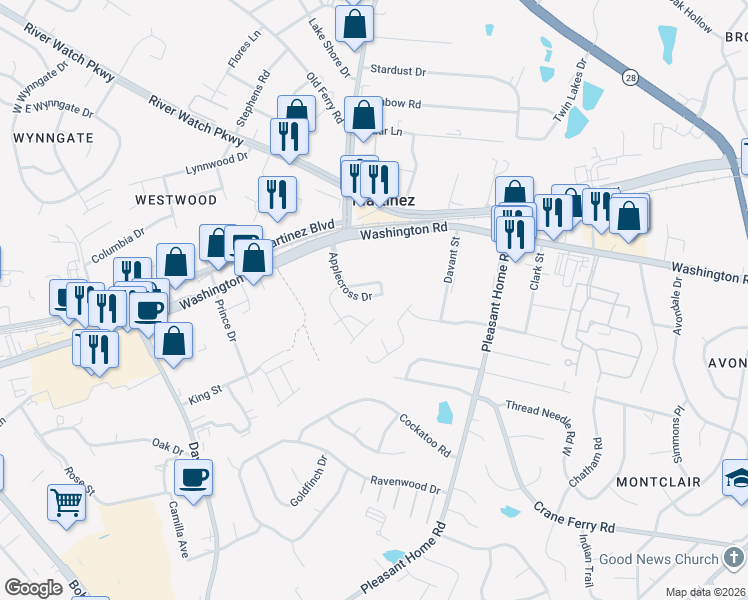 map of restaurants, bars, coffee shops, grocery stores, and more near 199 Crail Drive in Martinez
