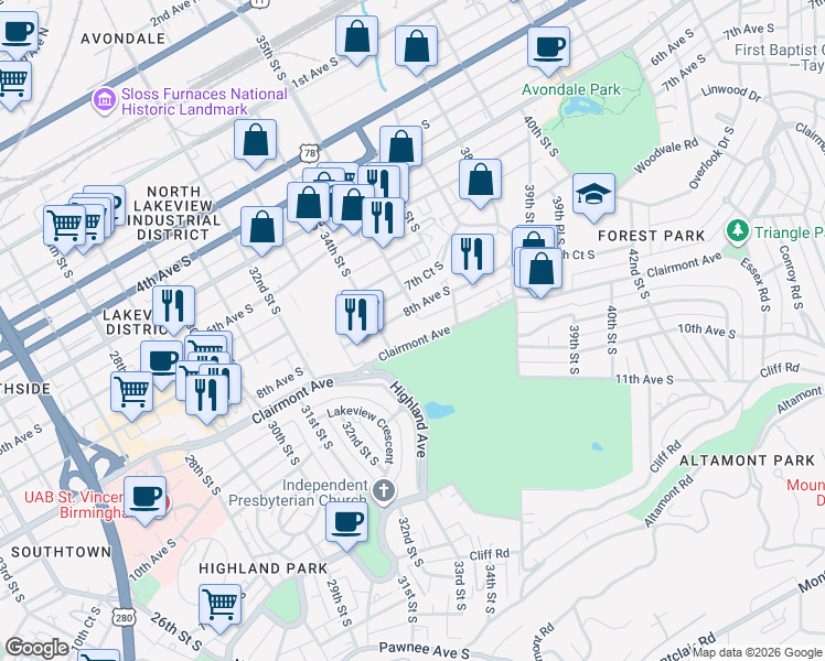 map of restaurants, bars, coffee shops, grocery stores, and more near 3420 Clairmont Avenue in Birmingham