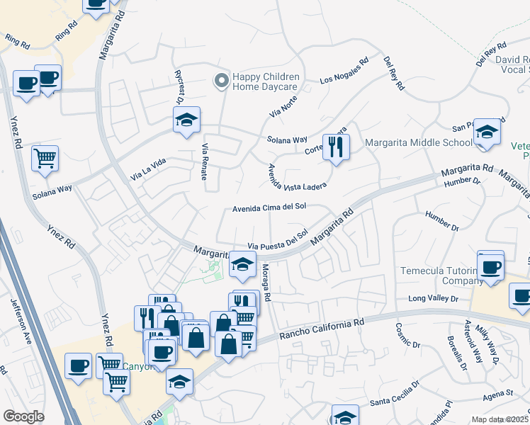 map of restaurants, bars, coffee shops, grocery stores, and more near 29865 Avenida Cima del Sol in Temecula