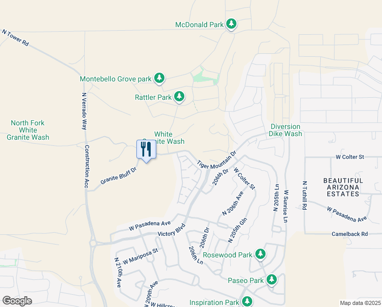 map of restaurants, bars, coffee shops, grocery stores, and more near Tiger Mountain Drive in Litchfield Park