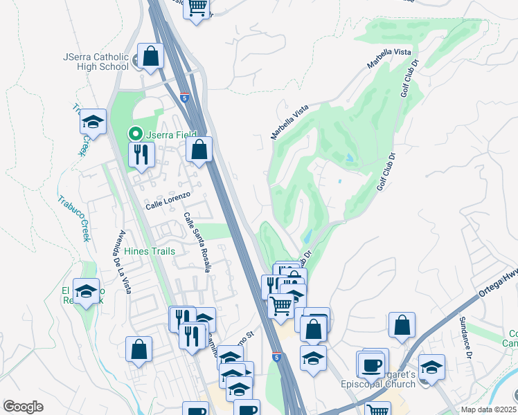 map of restaurants, bars, coffee shops, grocery stores, and more near 30951 Via Bravo in San Juan Capistrano