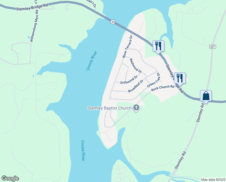 map of restaurants, bars, coffee shops, grocery stores, and more near 36 Broadleaf Drive in Talladega
