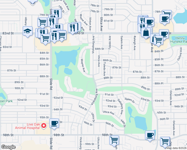 map of restaurants, bars, coffee shops, grocery stores, and more near 87th Street in Lubbock
