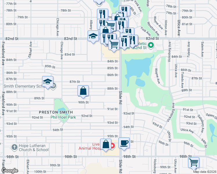 map of restaurants, bars, coffee shops, grocery stores, and more near 5214 88th Street in Lubbock