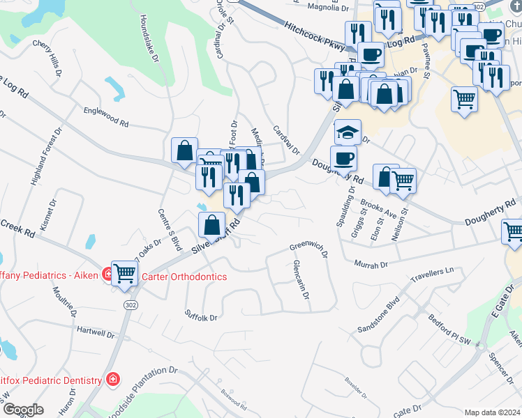 map of restaurants, bars, coffee shops, grocery stores, and more near 110 Charleston Row Boulevard in Aiken