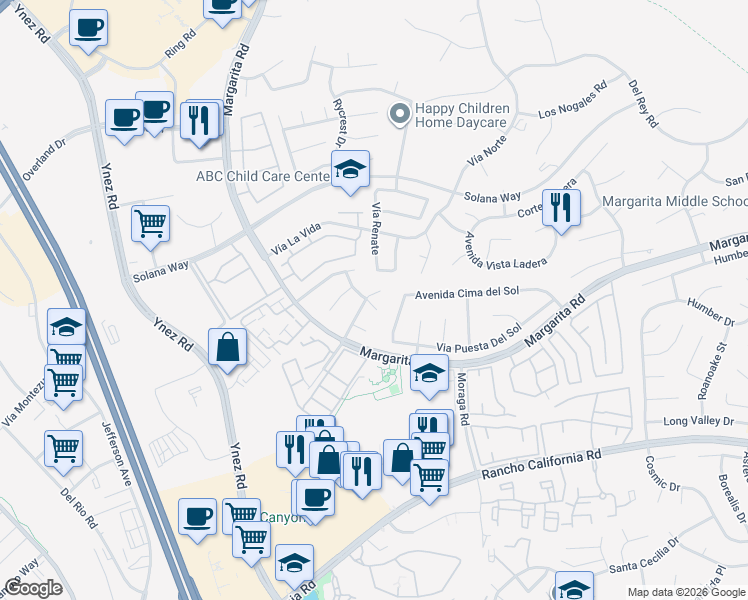 map of restaurants, bars, coffee shops, grocery stores, and more near 29725 Stonewood Road in Temecula