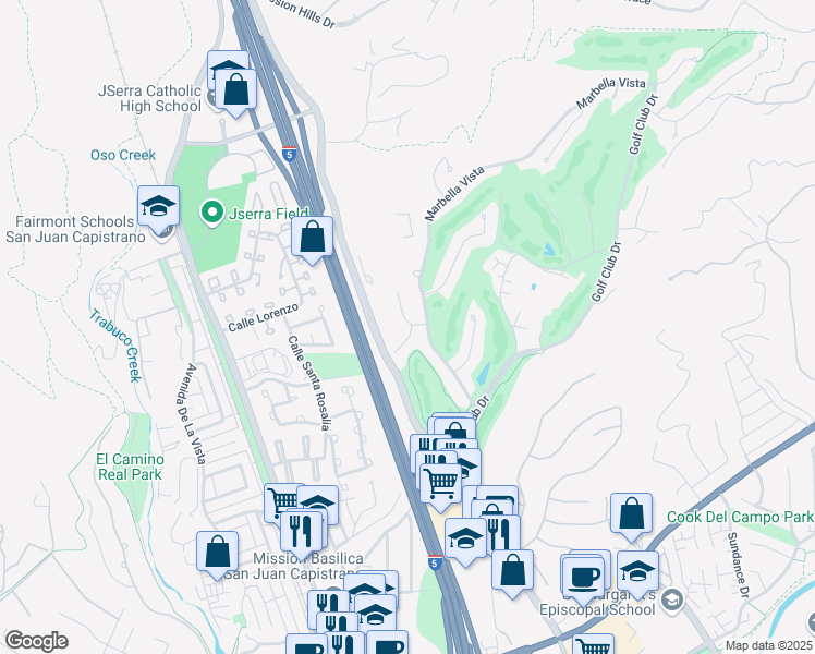 map of restaurants, bars, coffee shops, grocery stores, and more near 30951 Via Bravo in San Juan Capistrano