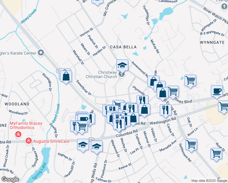 map of restaurants, bars, coffee shops, grocery stores, and more near 4023 Prescott Drive in Martinez