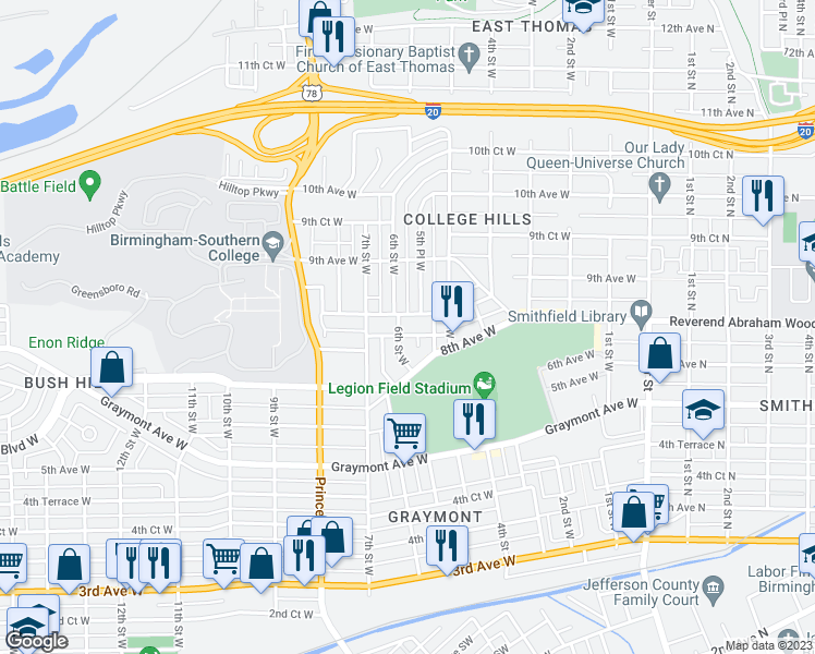 map of restaurants, bars, coffee shops, grocery stores, and more near 841 6th Street West in Birmingham