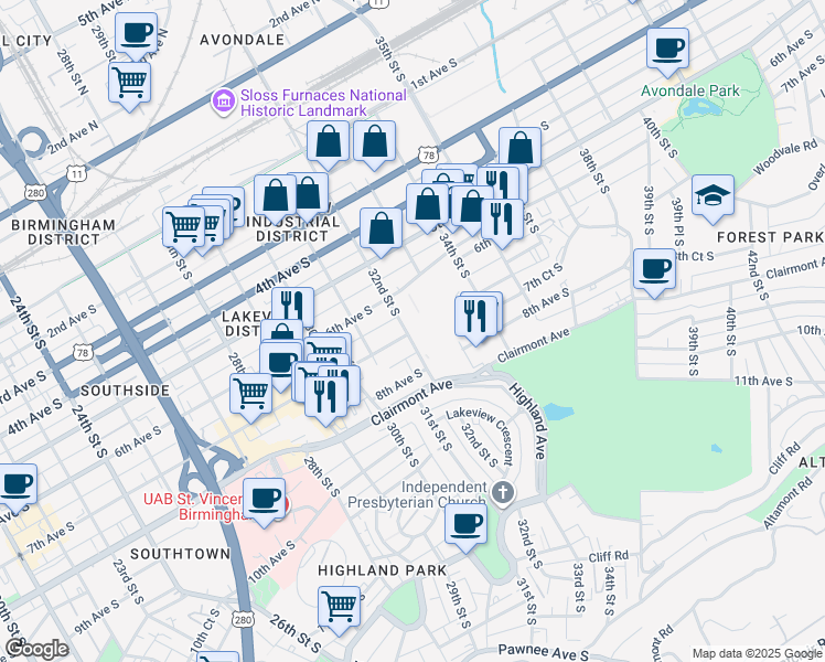 map of restaurants, bars, coffee shops, grocery stores, and more near 3200 7th Avenue South in Birmingham