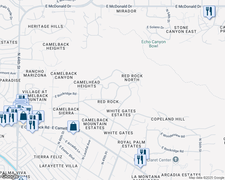 map of restaurants, bars, coffee shops, grocery stores, and more near 4925 East Grandview Lane in Phoenix