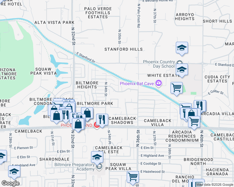 map of restaurants, bars, coffee shops, grocery stores, and more near 5214 North 34th Place in Phoenix