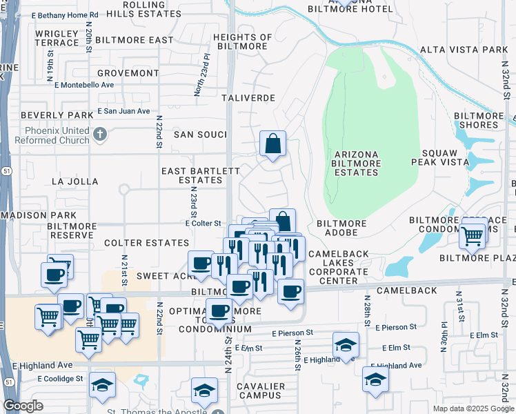 map of restaurants, bars, coffee shops, grocery stores, and more near 5324 North 25th Street in Phoenix