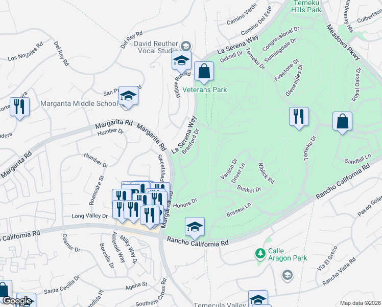 map of restaurants, bars, coffee shops, grocery stores, and more near 30919 Medinah Way in Temecula