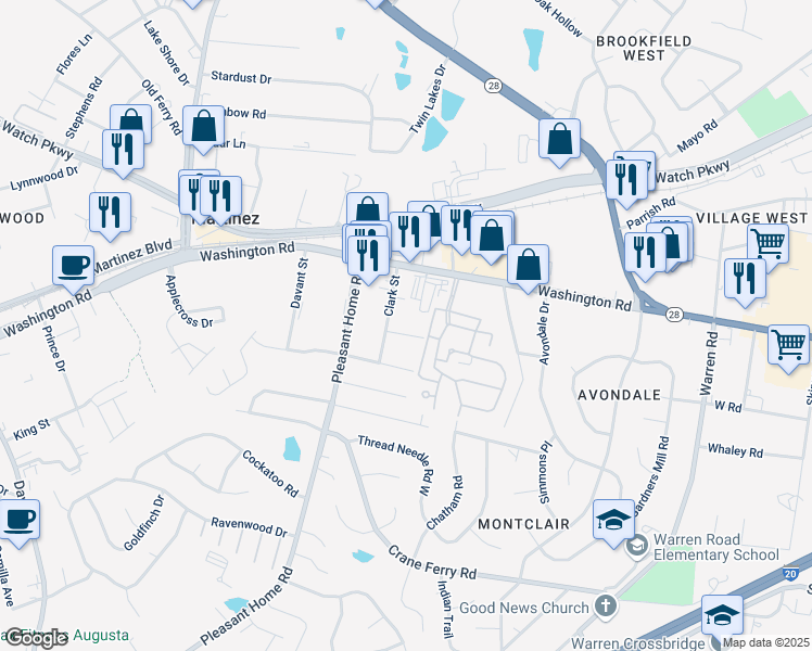 map of restaurants, bars, coffee shops, grocery stores, and more near 3300 Washington Road in Augusta